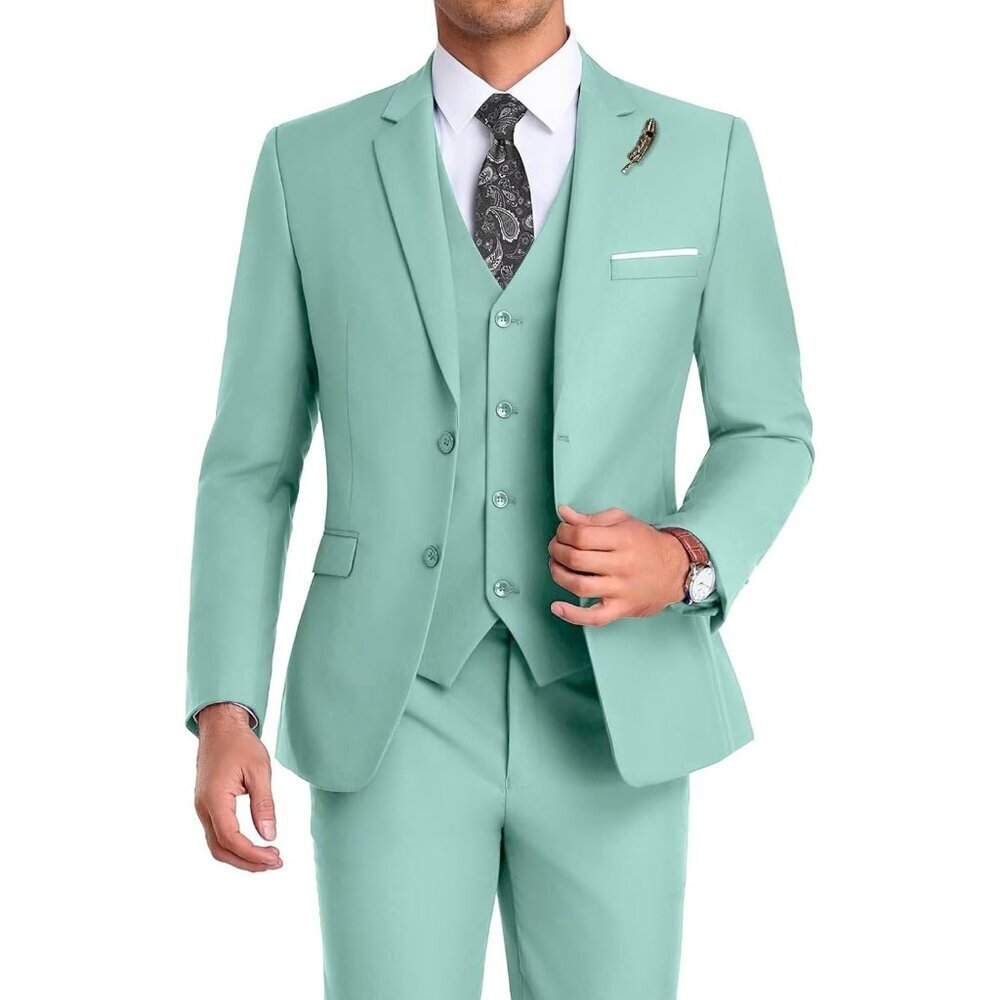 Men's Notched Lapel Mint Green Groomsmen Slim Fit 3 Pieces Suit For Wedding